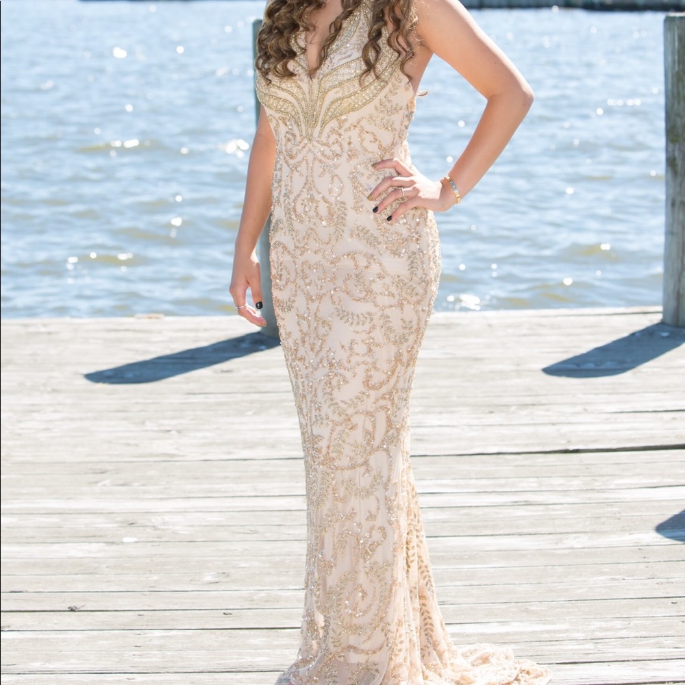 sherri hill prom/ sweet 16 tan/gold dress